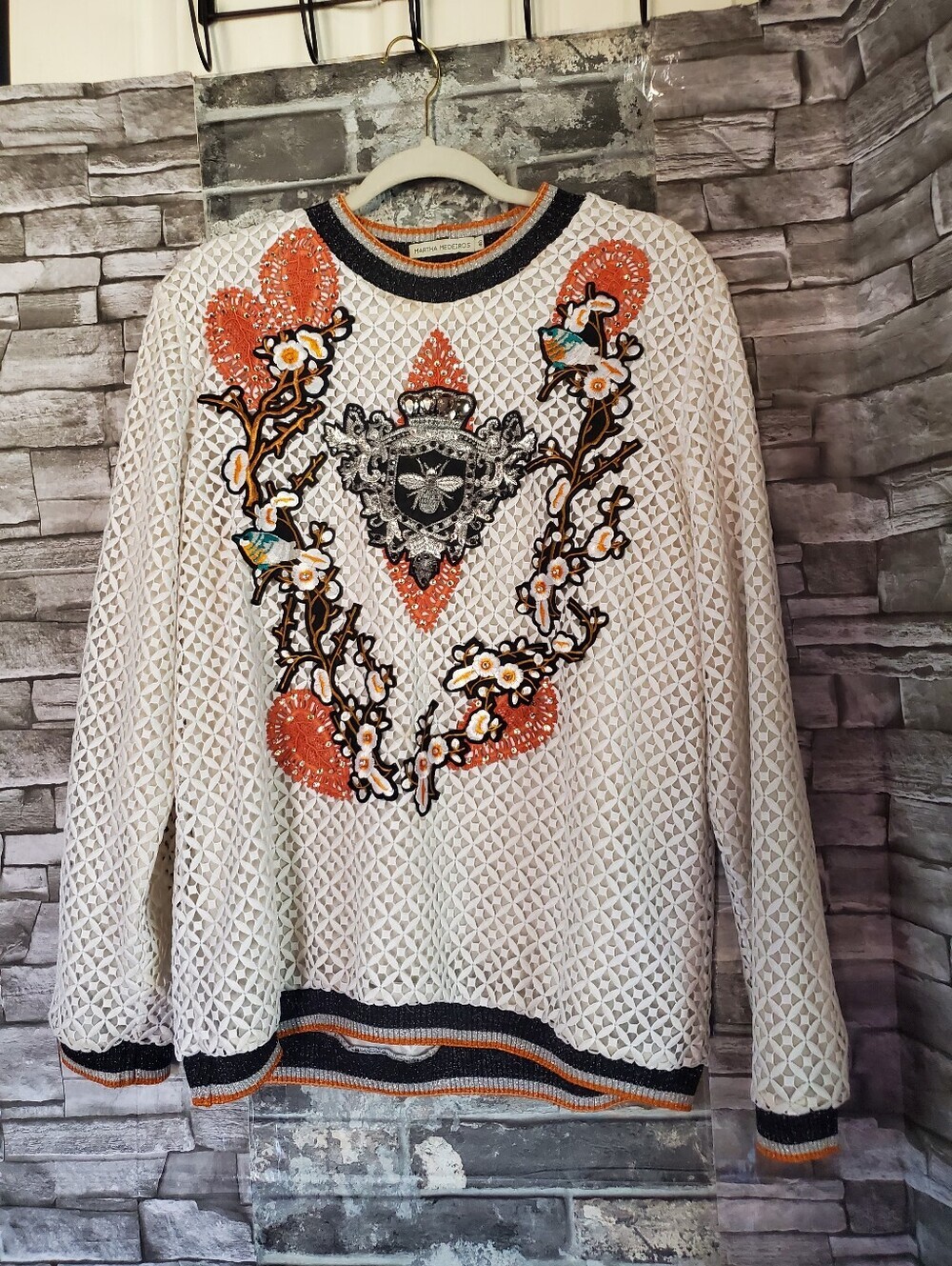 Silk Embellished Knit Sweater Crest Detail Designer Rare Pullover Grunge Medium